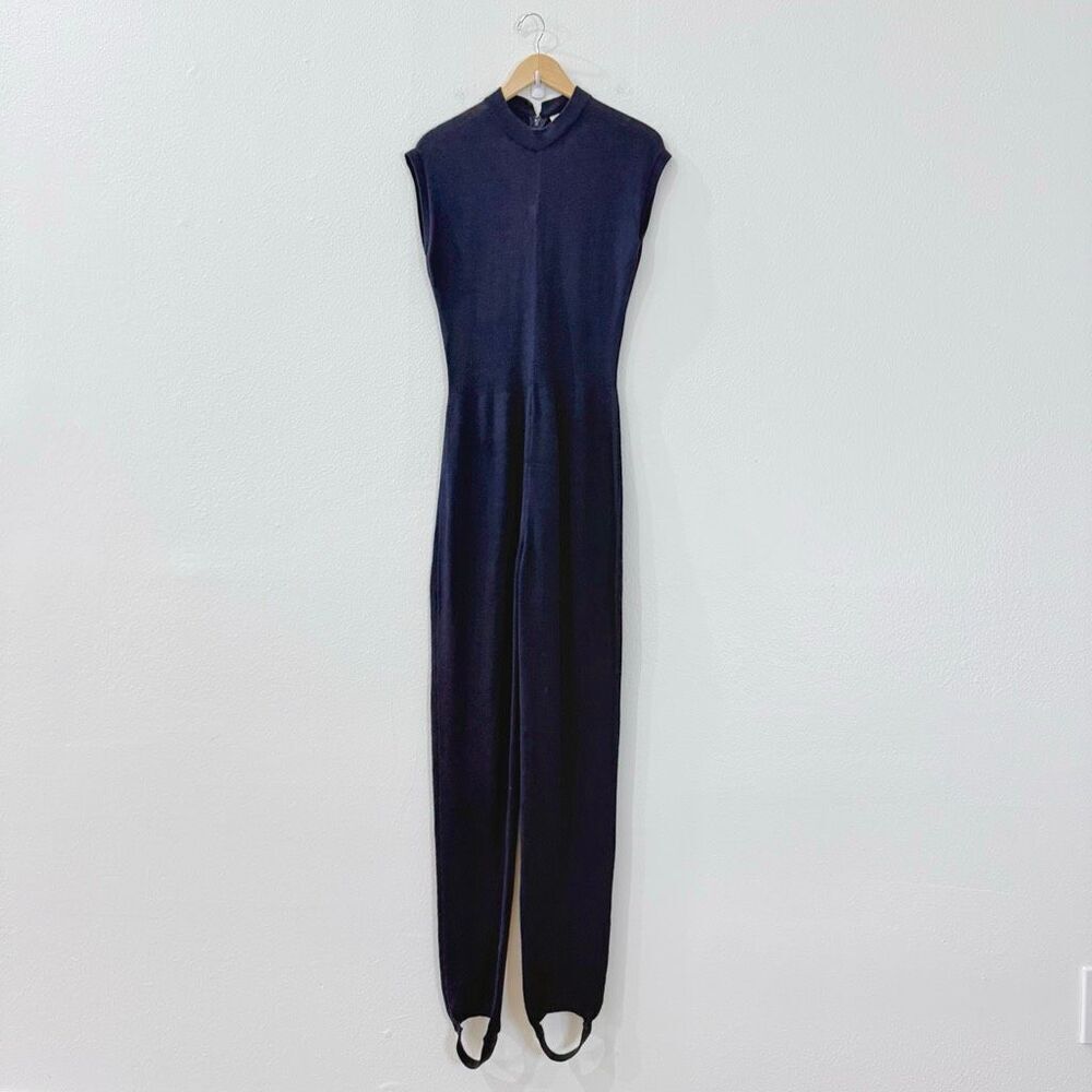 VTG St. John Women 10 Blue Santana Knit High Neck Sleeveless Jumpsuit Stirrups
